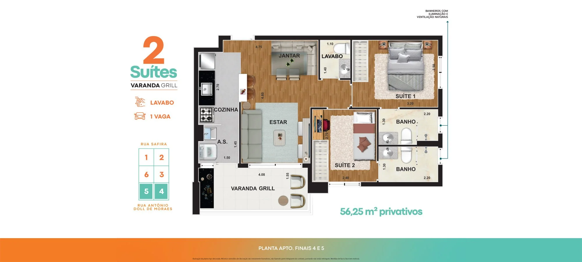 Apartamento de 2 suítes com lavabo e varanda grill, 56,25 m² privativos, finais 4 e 5